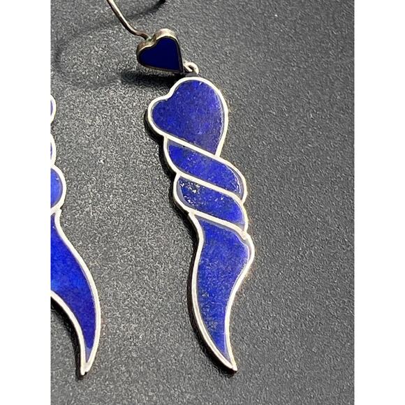 Lapis Lazuli Royal Blue 950 Sterling Silver Heart Dangle Southwestern Earring - Picture 6 of 10